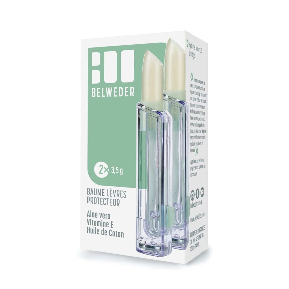 BAUME LÈVRES PROTECTEUR <br>Aloe Vera, Vitamine E, Huile de Coton<br>2×3.5g Hydratation & Nutrition