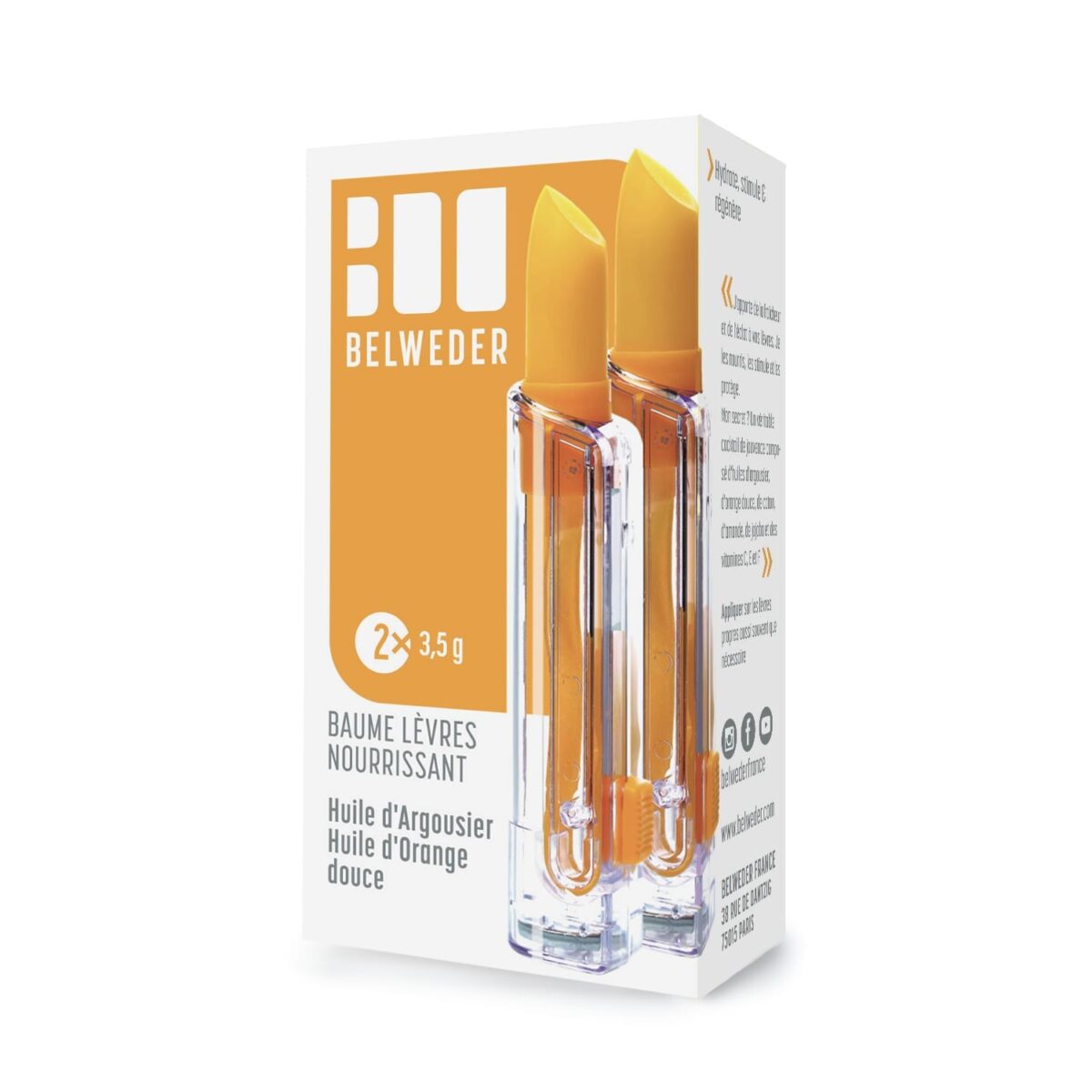 BAUME LÈVRES NOURRISSANT <br>Huile d’Argousier Huile d’Orange douce<br>2×3.5g Hydratation & Nutrition