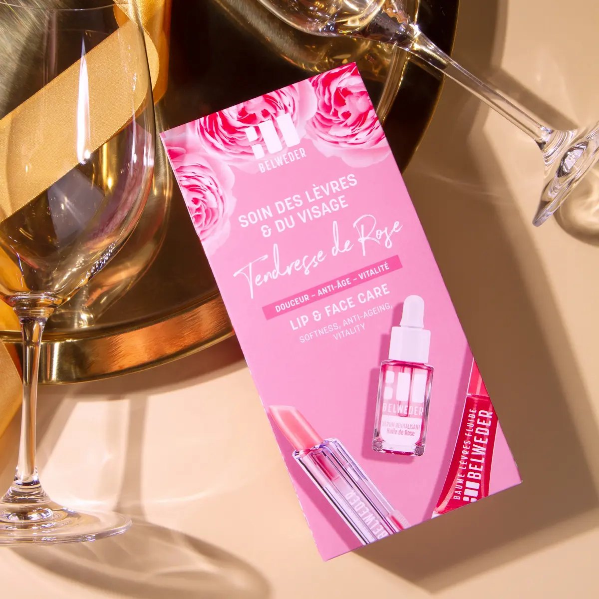 SOIN DES LÈVRES & DU VISAGE<br> Tendresse de Rose<br>1x75ml – 1x35g – 1x7ml Coffrets