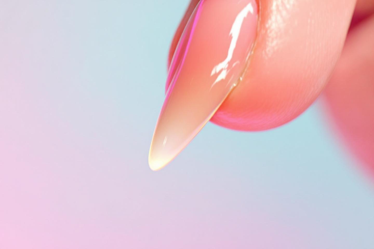 Gros plan sur un ongle long et brillant couleur rose pastel